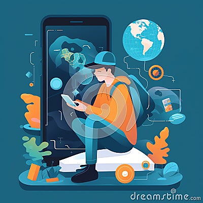 Augmented Reality Learning: Student exploring and interacting with virtual objects and environments through a mobile device Stock Photo