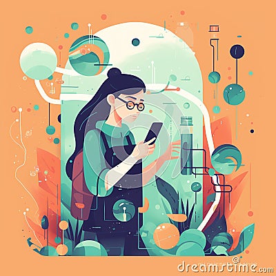 Augmented Reality Learning: Student exploring and interacting with virtual objects and environments through a mobile device Stock Photo