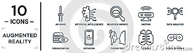 augmented.reality linear icon set. includes thin line ar wand, rearview mirror, data analysis, rotation, cookies, video console, Vector Illustration