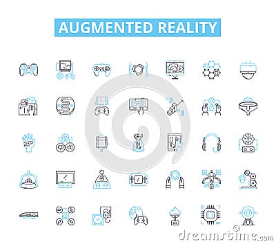 Augmented reality linear icons set. Hologram, Virtual, Overlay, Immersive, Interactive, Projection, Adaptation line Vector Illustration