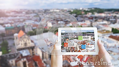 Augmented reality marketing concept. Hand holding tablet use AR application Stock Photo