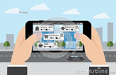 Augmented reality in marketing. Phone in hand Vector Illustration