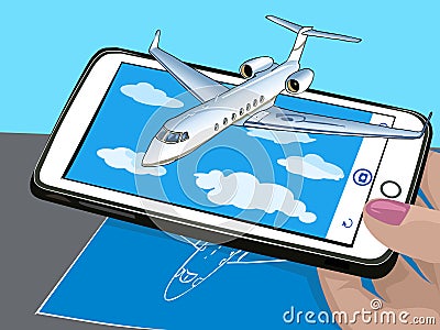 Augmented reality. New technologies for presentation. The plane flies over the clouds. Visualization of drawing on paper. Vector Vector Illustration