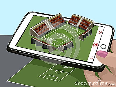 Augmented reality. New technologies for sports. Football stadium sketch and three-dimensional image. Visualize the drawing. Vector Vector Illustration