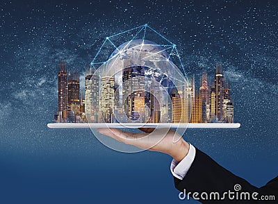 Augmented reality, smart technology, smart city, real estate and blockchain business. Element of this image are furnished by NASA Stock Photo