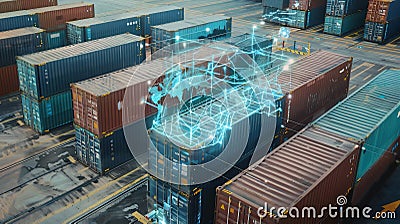 Augmented Reality Visualization Creating 3D Graphics Over Shipping Containers in the Terminal. Futuristic Animation Stock Photo