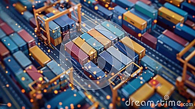Augmented Reality Visualization Creating 3D Graphics Over Shipping Containers in the Terminal. Futuristic Animation Stock Photo