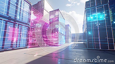 Augmented Reality Visualization Creating 3D Graphics Over Shipping Containers in the Terminal. Futuristic Animation Stock Photo