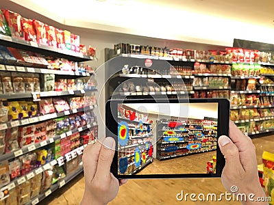 Augmented and virtual reality technology futuristic concept, Retailer use augmented combine virtual reality technology to find th Stock Photo