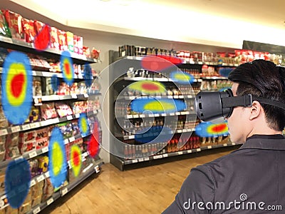 Augmented and virtual reality technology futuristic concept, Retailer use augmented combine virtual reality technology to find th Stock Photo