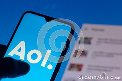 August 10, 2021, Brazil. In this photo illustration the AOL logo seen displayed on a smartphone Cartoon Illustration