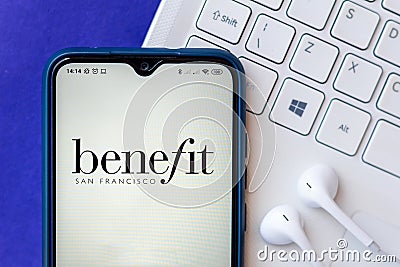 August 5, 2020, Brazil. In this photo illustration the Benefit Cosmetics logo seen displayed on a smartphone Cartoon Illustration