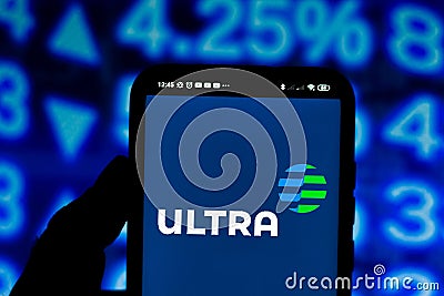 August 19, 2020, Brazil. In this photo illustration the Grupo Ultra Ultrapar logo seen displayed on a smartphone Cartoon Illustration