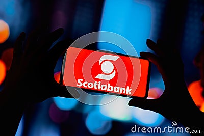 August 24, 2022, Brazil. In this photo illustration, the Scotiabank logo is displayed on a smartphone screen Cartoon Illustration