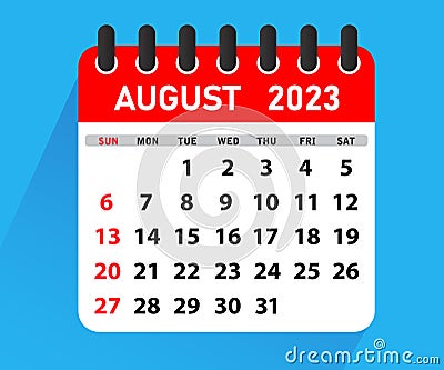August 2023 Calendar Leaf. Calendar 2023 in flat style Vector Illustration