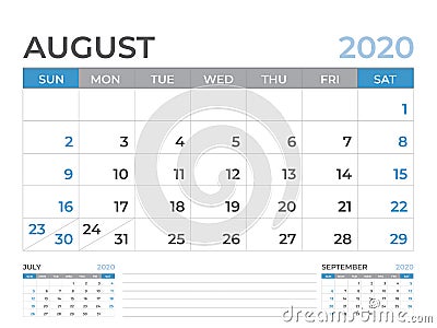 August 2020 Calendar template, Desk calendar layout Size 8 x 6 inch, planner design, week starts on sunday, stationery design Vector Illustration