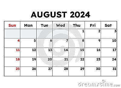 August 2024 calendar. Vector illustration. Monthly planning for your business Vector Illustration