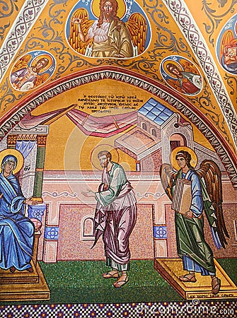 August 2018 - Cyprus: Stunning religious mosaic artwork inside the Greek orthodox Kykkos monastery of the Holy Virgin in Troodos Editorial Stock Photo