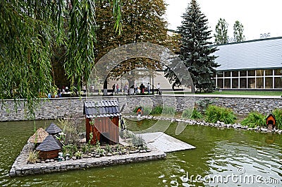 August 19, 2012 - sculptures of heroes of Gogol's works near the pond Mirgorod puddle Editorial Stock Photo