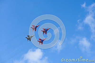 Flight group Swifts fly MIG-29 aircraft. Cheboksary. Russia Editorial Stock Photo