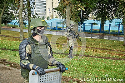 August 30 2020 Minsk Belarus Many uniformed soldiers with a shield to disperse the protesters Editorial Stock Photo