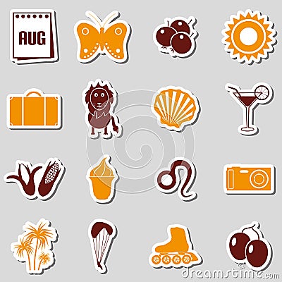 August month theme set of simple stickers Vector Illustration