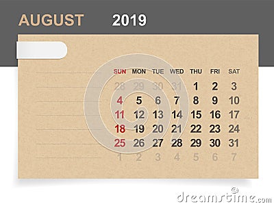 August 2019 - Monthly calendar on brown paper and wood background with area for note. Vector Illustration