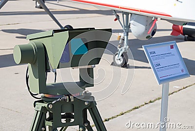 30 AUGUST 2019 MOSCOW, RUSSIA: laser coordinate system standing on the aircraft exhibition Editorial Stock Photo