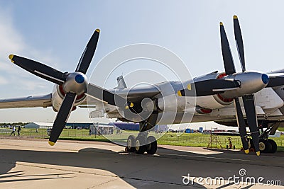 30 AUGUST 2019 MOSCOW, RUSSIA: An outdoors airplane exposition - Russian Aerospace Forces - An airplane with big valves Editorial Stock Photo