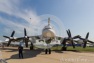 30 AUGUST 2019 MOSCOW, RUSSIA: An outdoors airplane exposition - Russian Aerospace Forces - An airplane with valves - Editorial Stock Photo