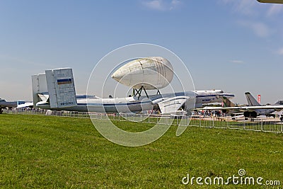 30 AUGUST 2019 MOSCOW, RUSSIA: An outdoors airplane exposition - Russian Aerospace Forces - heavy transport plane on the Editorial Stock Photo
