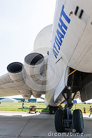 30 AUGUST 2019 MOSCOW, RUSSIA: An outdoors airplane exposition - Russian Aerospace Forces - heavy transportation plane - Editorial Stock Photo