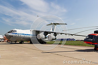 30 AUGUST 2019 MOSCOW, RUSSIA: An outdoors airplane exposition - Russian Aerospace Forces - IL-76MD-90A MILITARY Editorial Stock Photo