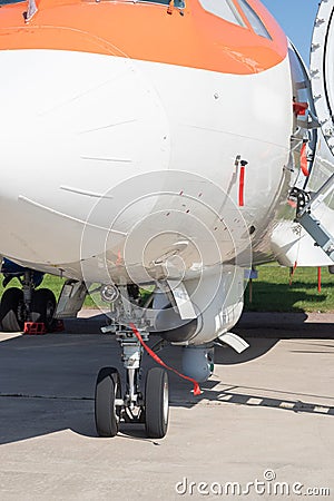 30 AUGUST 2019 MOSCOW, RUSSIA: An outdoors airplane exposition - Russian Aerospace Forces - landing gear Editorial Stock Photo