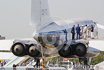 30 AUGUST 2019 MOSCOW, RUSSIA: An outdoors airplane exposition - Russian Aerospace Forces - supersonic passenger Editorial Stock Photo