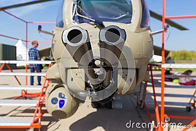 29 AUGUST 2019 MOSCOW, RUSSIA: Outdoors exhibition of airplanes - A military helicopter - double barrel muzzle Editorial Stock Photo