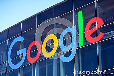 Google logo on one of the buildings situated in Googleplex Editorial Stock Photo