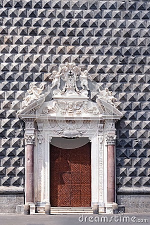 August 6, 2023 - Naples, Italy. Church of Gesu Nuovo. A 1400s temple with an intricate stone facade Editorial Stock Photo