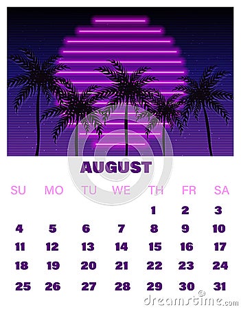 August neon calendar Vector. Summer decor design tropic sunsets Vector Illustration