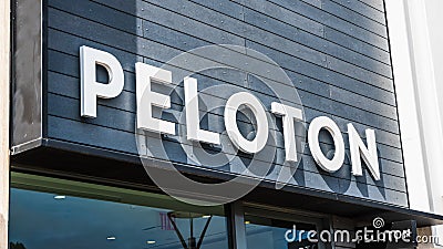 August 28, 2019 Palo Alto / CA / USA - Peloton store sign in Stanford Shopping Center; Peloton is an American exercise equipment Editorial Stock Photo