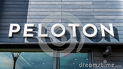 August 28, 2019 Palo Alto / CA / USA - Peloton store sign in Stanford Shopping Center; Peloton is an American exercise equipment Editorial Stock Photo