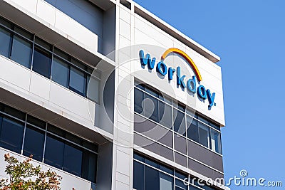 August 25, 2019 Pleasanton / CA / USA - Workday sign at their headquarters; Workday, Inc. is an onâ€‘demand cloud-based Editorial Stock Photo