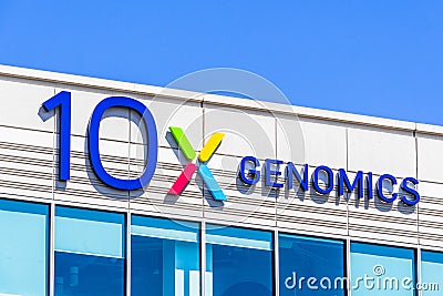 August 25, 2019 Pleasanton / CA / USA - 10x Genomics headquarters in Silicon Valley; 10x Genomics is an American biotechnology Editorial Stock Photo