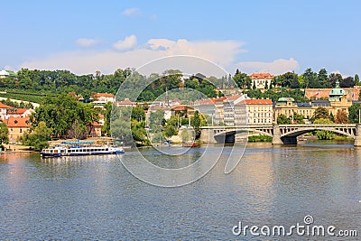 August 27, 2022 Prague, Czech Republic. Pleasure boat on the Vltava river. Background with selective focus Editorial Stock Photo
