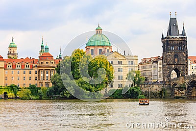 August 25, 2022 Prague, Czech Republic. Pleasure boat on the Vltava river. Background with selective focus Editorial Stock Photo