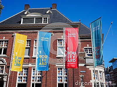 Large banners advertising the 2018 Boulevard street theater festival in den Bosch Editorial Stock Photo