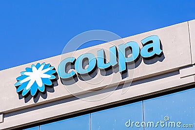 August 24, 2019 San Mateo / CA / USA - Close up of Coupa sign at their headquarters in Silicon Valley; Coupa Software is a global Editorial Stock Photo