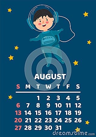 August. Space calendar planner 2023. Weekly scheduling, planets, space objects. Week starts on Sunday. Astronaut Vector Illustration