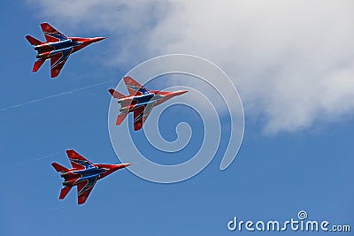 August 16, 2015: Swifts Aerobatic team fly MIG-29 combat aircraft. Cheboksary. Russia Editorial Stock Photo