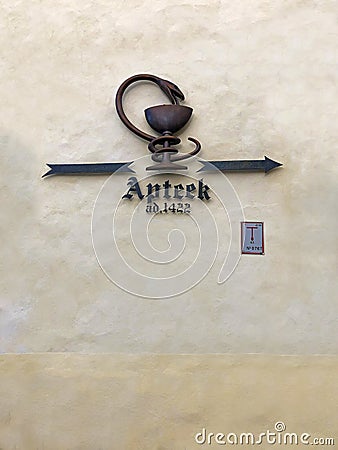 Sign showing the oldest pharmacy in the old Town Hall Square established in 1422 Editorial Stock Photo